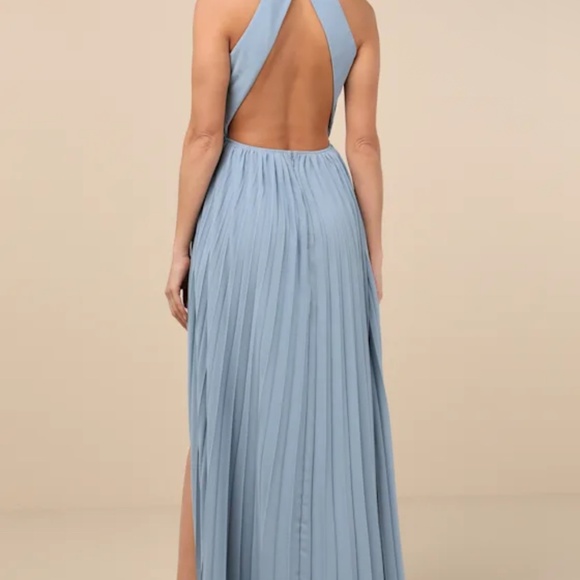 Lulus Rylie Slate Blue Pleated Backless Maxi Dress - Size L - Picture 2 of 3